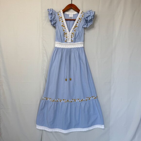 SAYLOR YUMI Cotton Linen Blue Ruffle Sleeve Lace Embroidered  Maxi Dress Size S - Picture 1 of 17